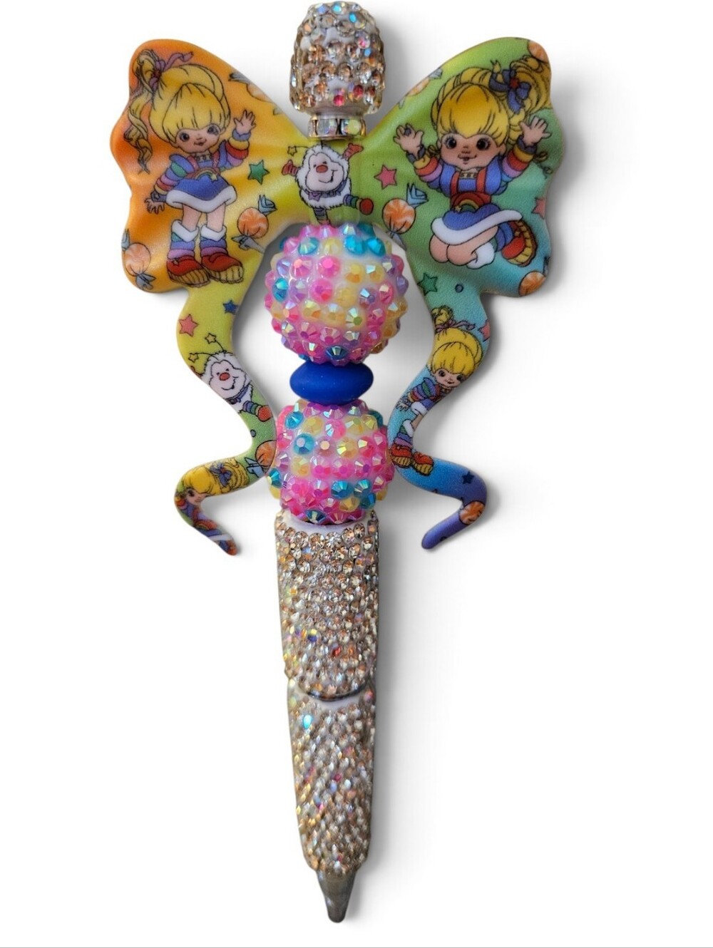 80s Cartoon Rainbow Bright Rhinestone Bow Beaded Bling Pen - Pink Blue